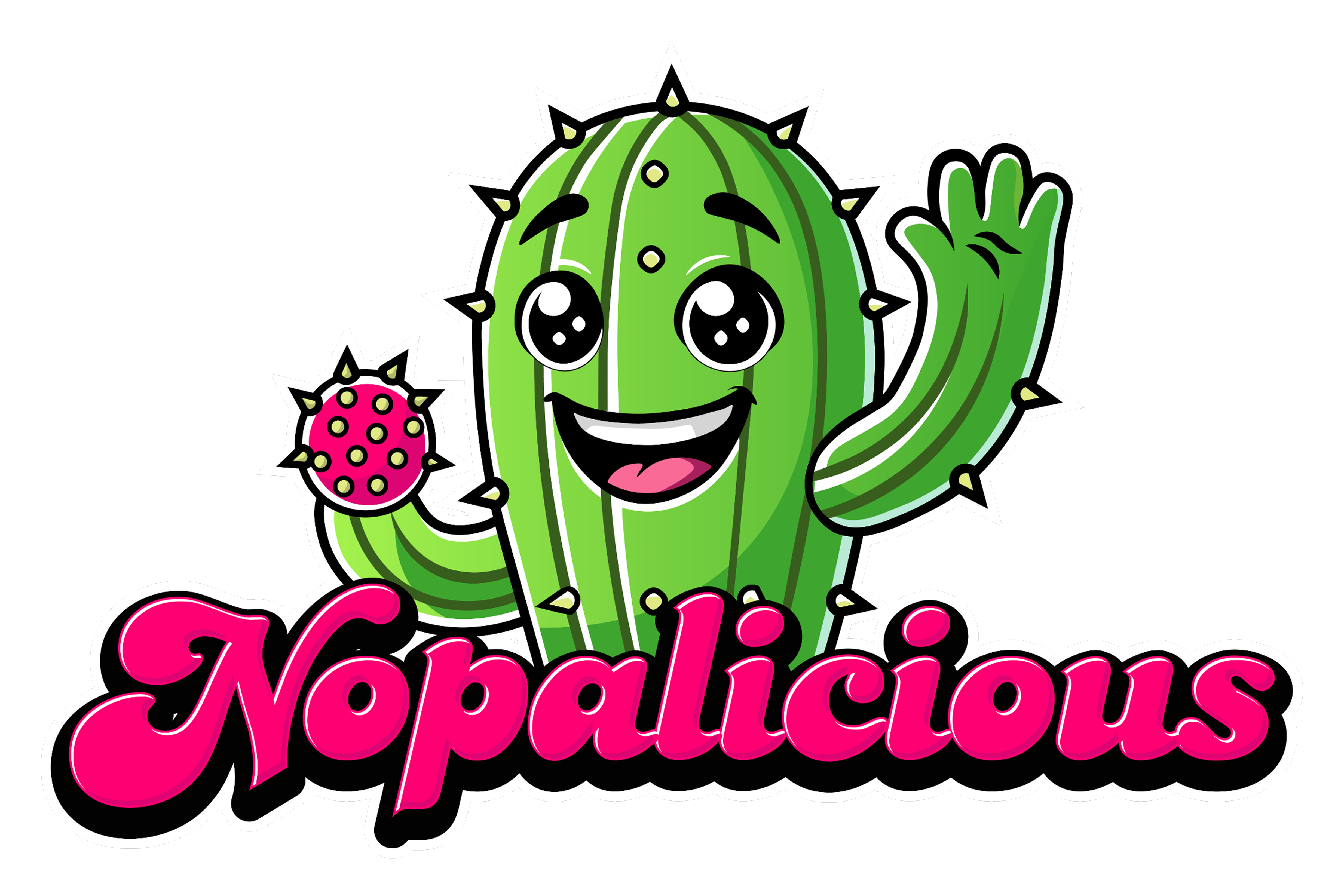 Nopalicious Logo mit Nopali, dem fröhlichen Kaktus-Maskottchen – Symbol für unser Hydration-Getränkepulver aus sonnengereiften Kaktusfeigen.