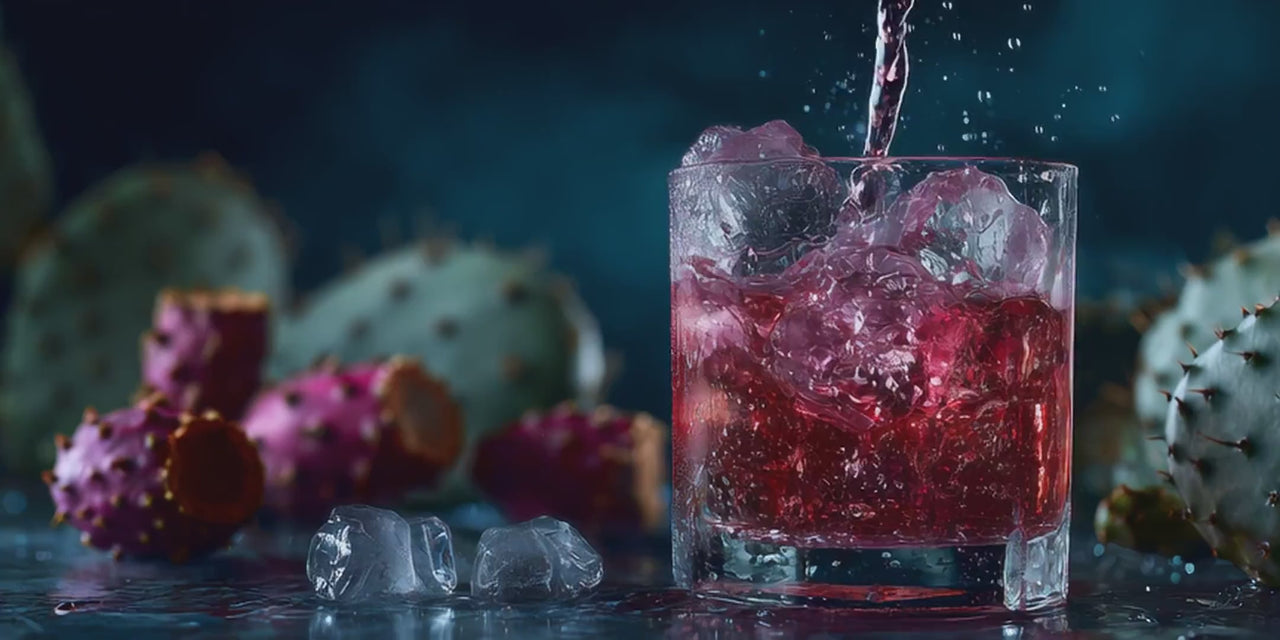 Banner der Shopseite: Ein Glas wird mit Nopalicious Hydration Drink aus sonnengereiften Kaktusfeigen gefüllt – erfrischend, voller Vitamine & Mineralstoffe.